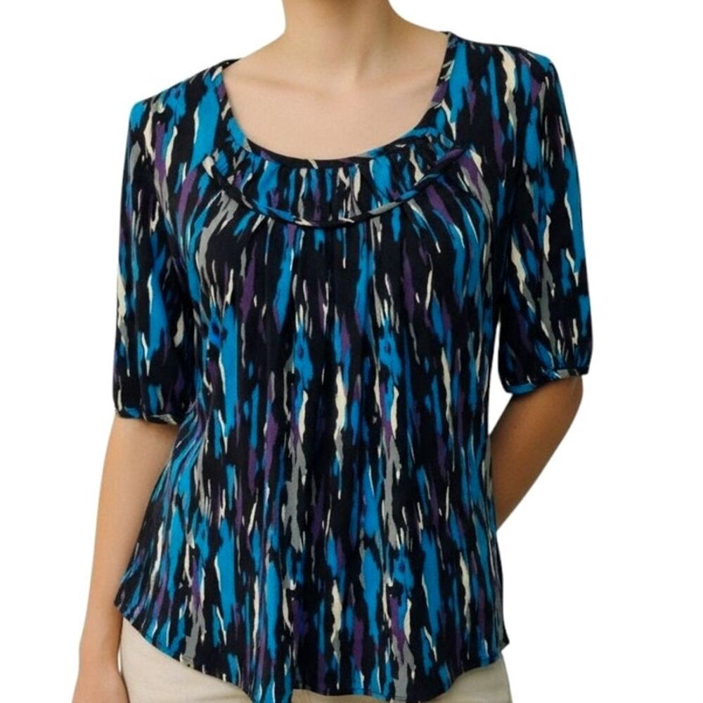 Abstract Print Black Blue Purple Pleated Neck Blouse Petite Medium Short Sleeve
